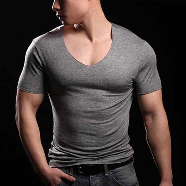 T-shirt à manches courtes Slim Fit Sexy Fitted Couture Musculation Col V Gris fonce